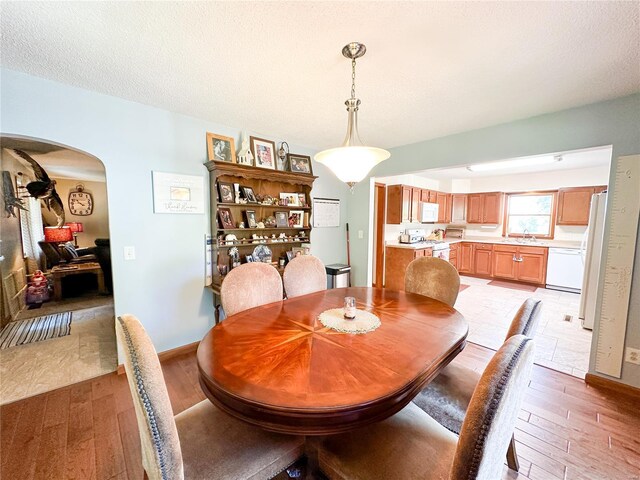 dining room featuring light hardwood / wood-style floors and a textured ceiling