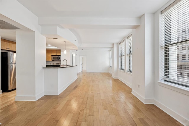 kitchen featuring pendant lighting, stainless steel appliances, and light hardwood / wood-style floors