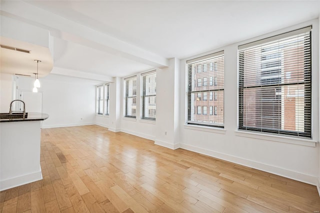 unfurnished living room with light hardwood / wood-style flooring, a wealth of natural light, and sink