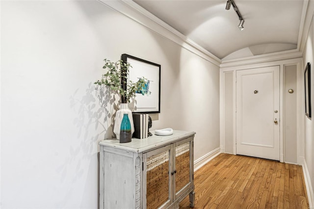 doorway with rail lighting, ornamental molding, and light hardwood / wood-style flooring