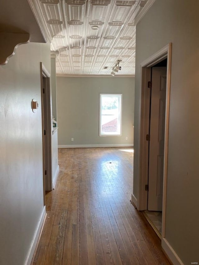 hallway featuring hardwood / wood-style flooring and ornamental molding