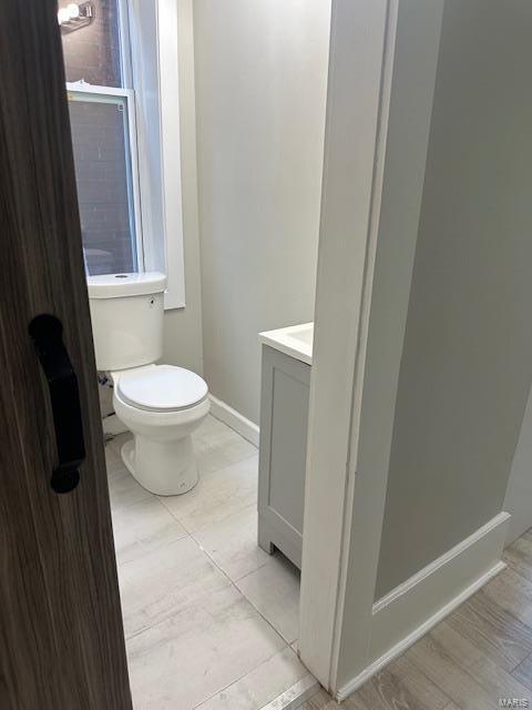 bathroom with vanity, wood-type flooring, and toilet