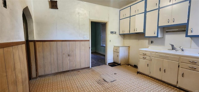 kitchen with wood walls, sink, and white cabinets