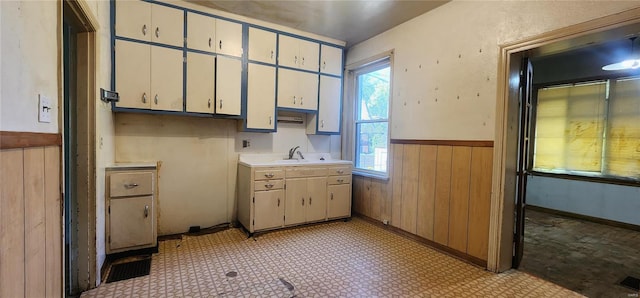 kitchen with white cabinetry, sink, and wooden walls