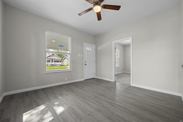 foyer entrance featuring ceiling fan, dark hardwood / wood-style flooring, and plenty of natural light