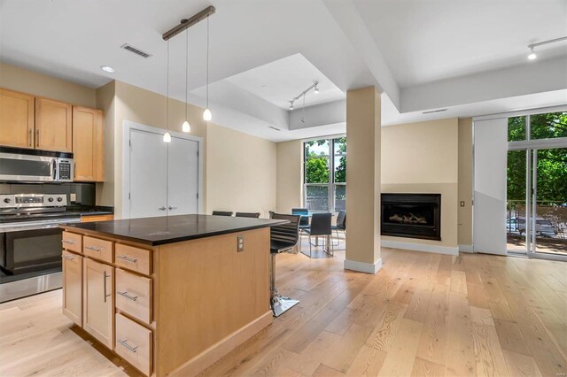 kitchen with stainless steel appliances, a center island, track lighting, light hardwood / wood-style floors, and decorative light fixtures