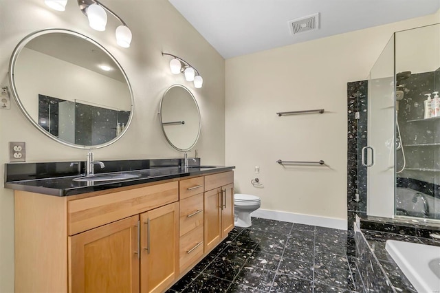 full bathroom featuring vanity, toilet, and plus walk in shower