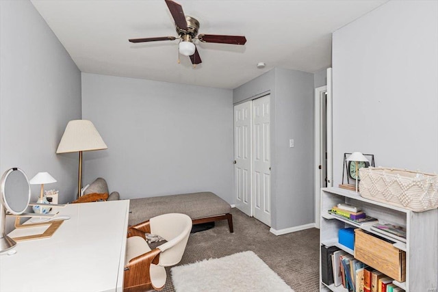 bedroom featuring carpet flooring, a closet, and ceiling fan