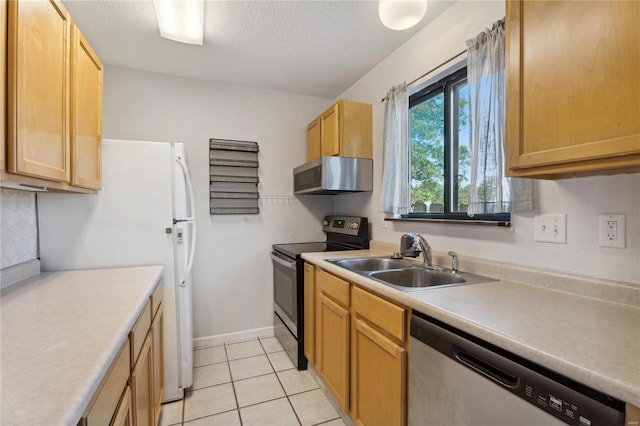 kitchen featuring a textured ceiling, sink, dishwasher, black electric range, and light tile patterned flooring