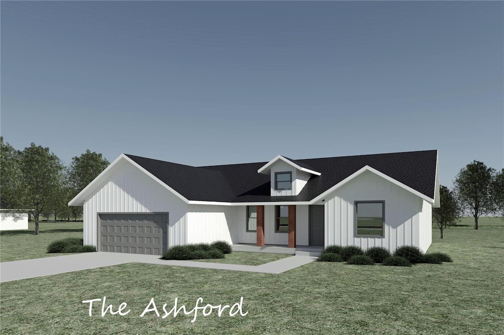 modern farmhouse with a front yard, a garage, and covered porch