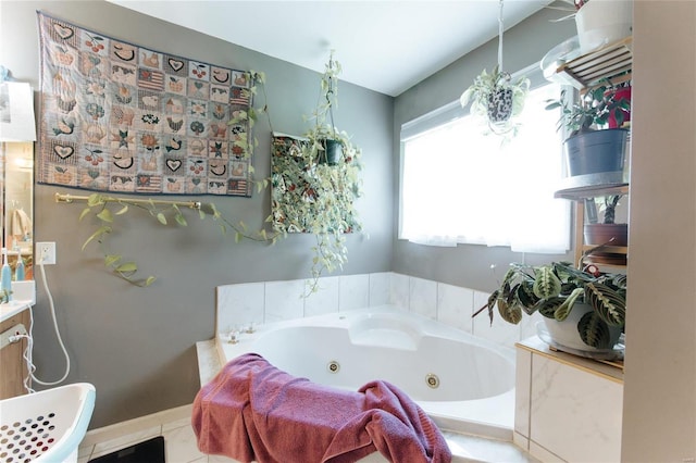 bathroom with tile floors and vanity