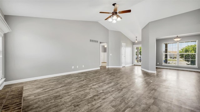 unfurnished living room with ceiling fan, high vaulted ceiling, and hardwood / wood-style flooring