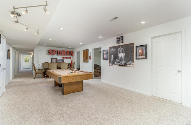 playroom featuring rail lighting, light carpet, and billiards