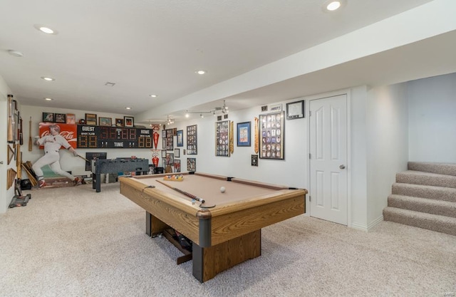 rec room featuring billiards and carpet flooring