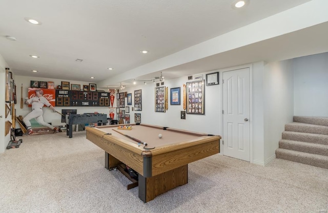 rec room with billiards and light colored carpet