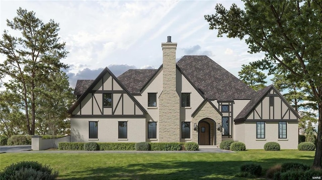 tudor-style house featuring a front yard