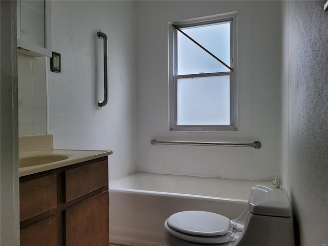 full bathroom featuring shower / bath combination, vanity, and toilet