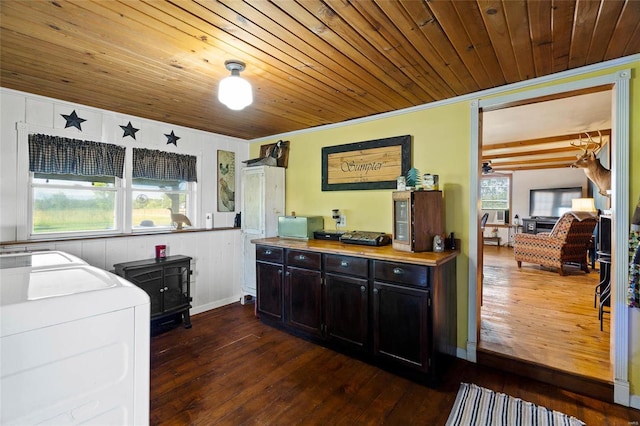 kitchen featuring butcher block countertops, washing machine and dryer, dark hardwood / wood-style flooring, and wood ceiling