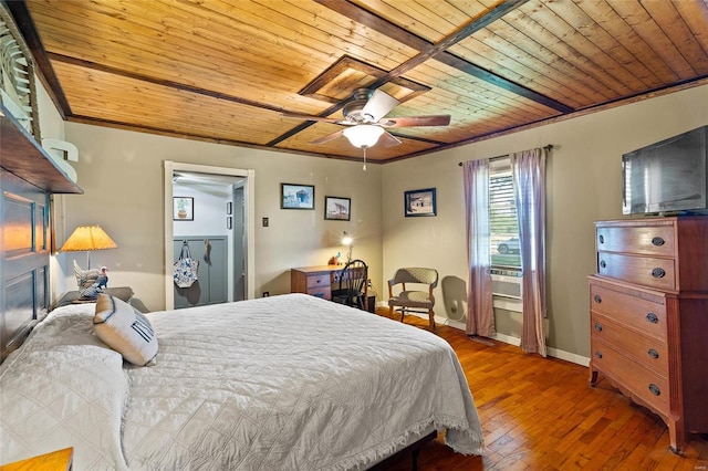 bedroom with wood-type flooring, crown molding, ceiling fan, and wooden ceiling