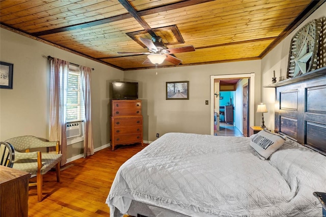 bedroom with ceiling fan, wooden ceiling, crown molding, hardwood / wood-style floors, and cooling unit