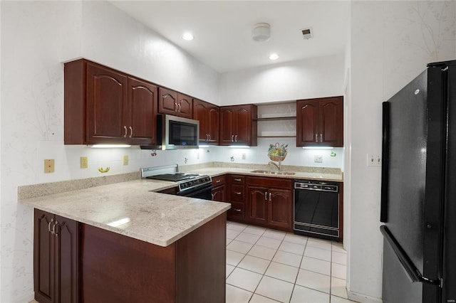 kitchen featuring black appliances, sink, dark brown cabinets, kitchen peninsula, and light tile patterned floors