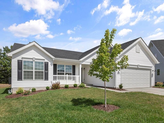 single story home with a front yard, a garage, and covered porch