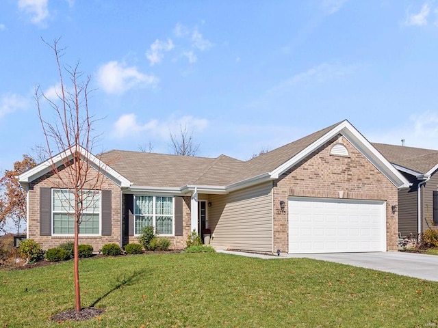 single story home featuring a front yard and a garage