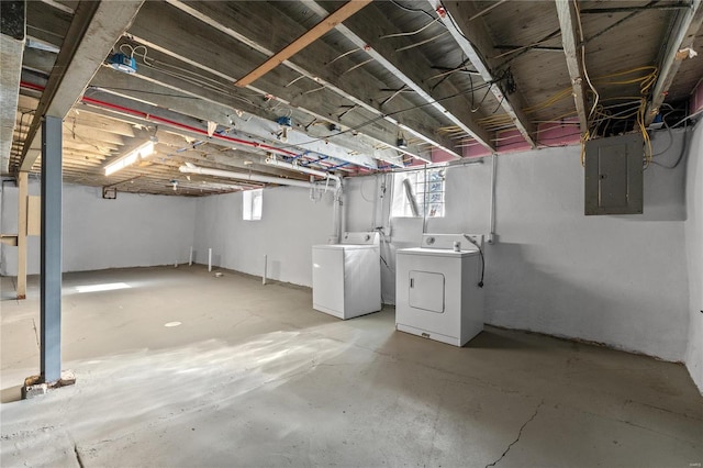 basement featuring electric panel and independent washer and dryer