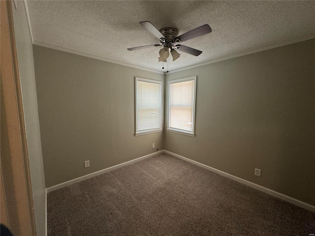 unfurnished room featuring carpet flooring, ceiling fan, crown molding, and a textured ceiling