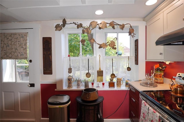 kitchen featuring white cabinets, a healthy amount of sunlight, and electric range