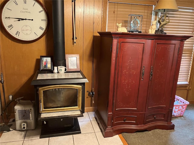 room details featuring a wood stove