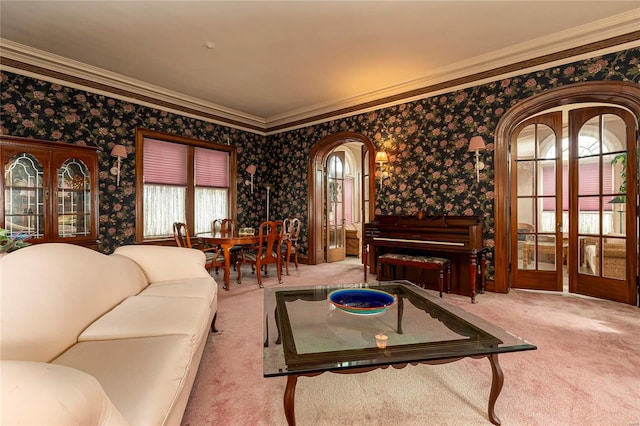 living room featuring light colored carpet and crown molding