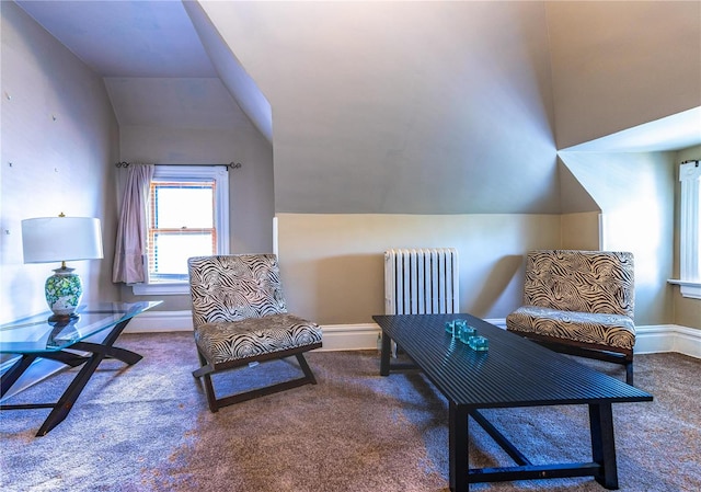 living area with vaulted ceiling, carpet floors, and radiator heating unit