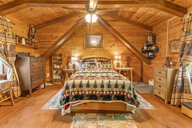 bedroom featuring wooden ceiling, wood walls, and hardwood / wood-style floors