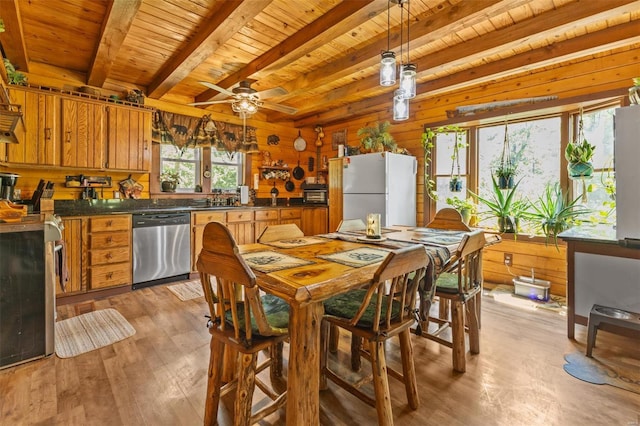 dining room with light wood-style floors, wooden ceiling, wood walls, and beamed ceiling