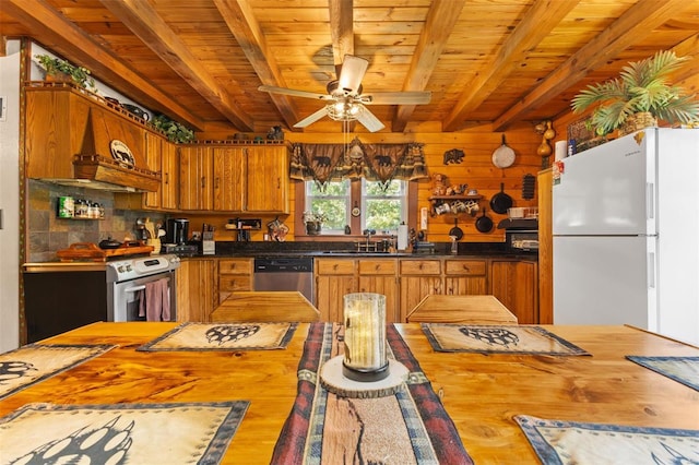 kitchen with wood ceiling, wood counters, appliances with stainless steel finishes, beam ceiling, and a sink