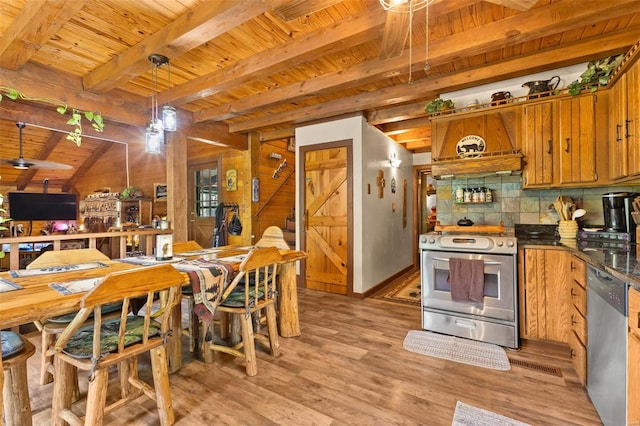 kitchen with stainless steel appliances, backsplash, brown cabinetry, light wood-style floors, and wooden ceiling