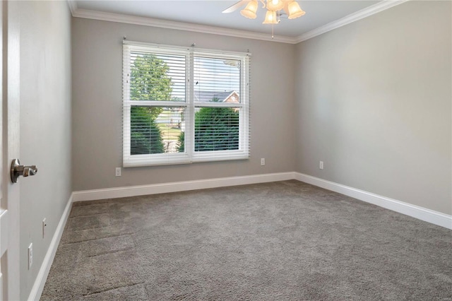 unfurnished room with ceiling fan, carpet, and ornamental molding