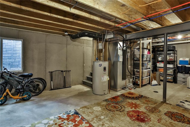 basement with water heater and heating unit