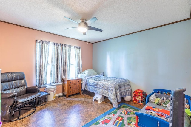 bedroom with a textured ceiling, ornamental molding, a ceiling fan, and tile patterned floors