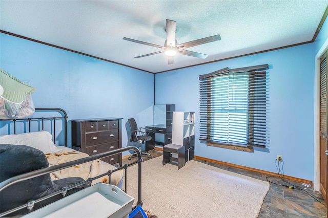 bedroom featuring baseboards, ceiling fan, stone finish flooring, a textured ceiling, and crown molding