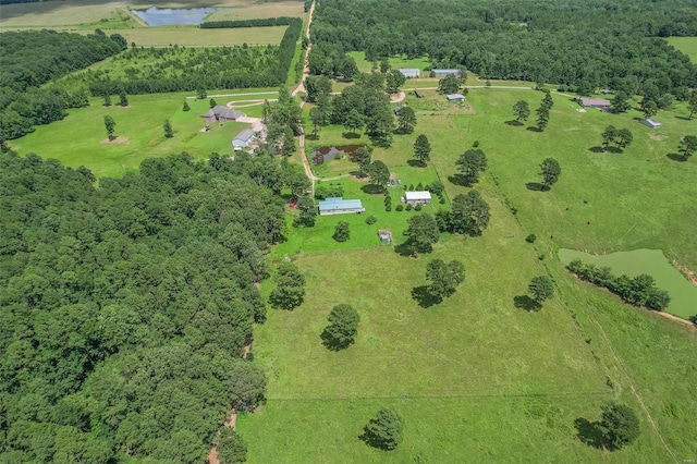 bird's eye view featuring a rural view and a water view