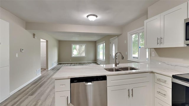 kitchen featuring light stone counters, white cabinetry, sink, and appliances with stainless steel finishes