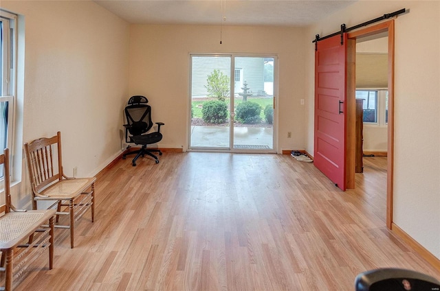 interior space with a barn door and light wood-type flooring