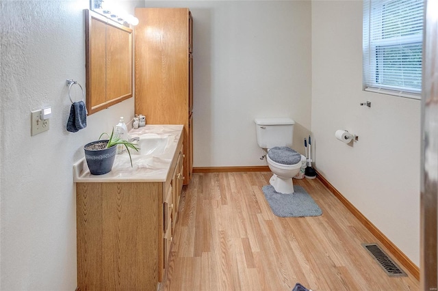 bathroom featuring toilet, vanity, and wood-type flooring