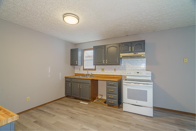 kitchen featuring electric range, sink, wood counters, decorative backsplash, and light wood-type flooring