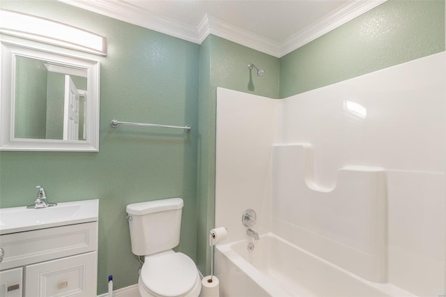 full bathroom with shower / bathing tub combination, vanity, ornamental molding, and toilet