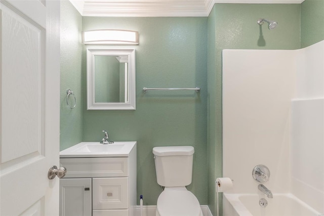 full bathroom with shower / tub combination, ornamental molding, vanity, and toilet