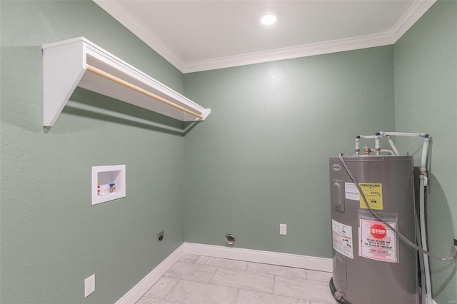 clothes washing area featuring crown molding, electric dryer hookup, electric water heater, and washer hookup