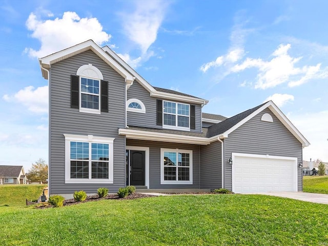 traditional-style house featuring a garage, a front lawn, and concrete driveway